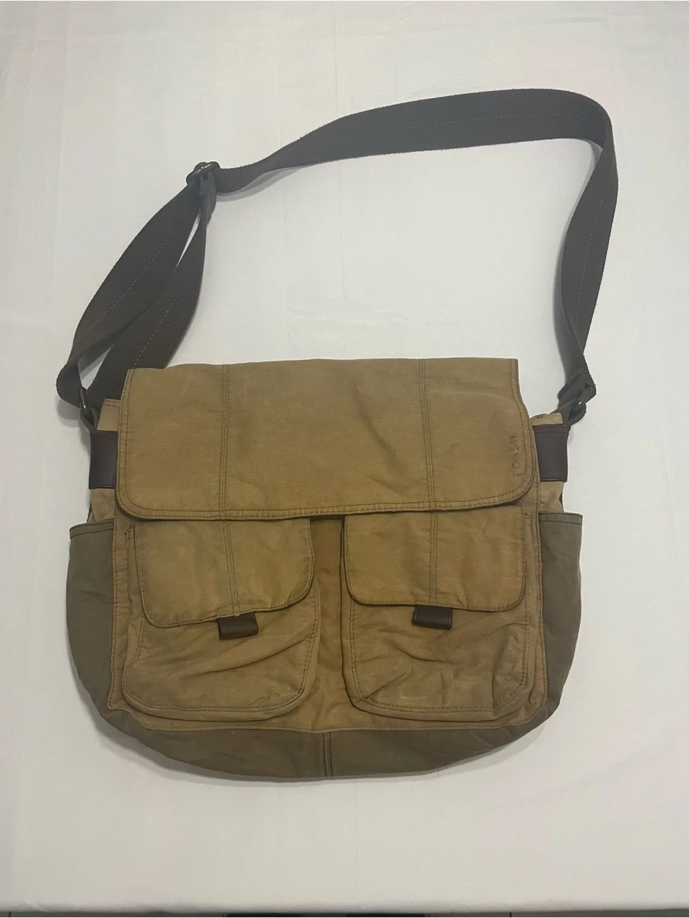 Vintage Fossil Tan Canvas Messenger Bag with Leather Trim Y2K Style